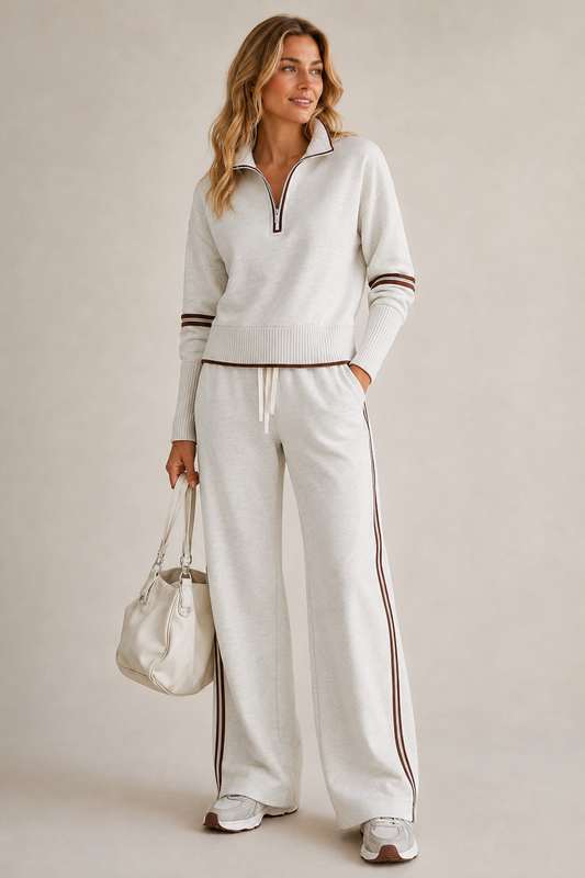 Knitted Two-Piece Set with Quarter-Zip Jumper and Wide-Leg Trousers - White