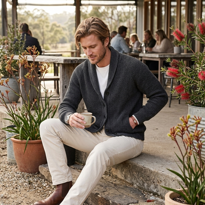 Men's Shawl Collar Cardigan with Button Front and Ribbed Hem - Black, view 3