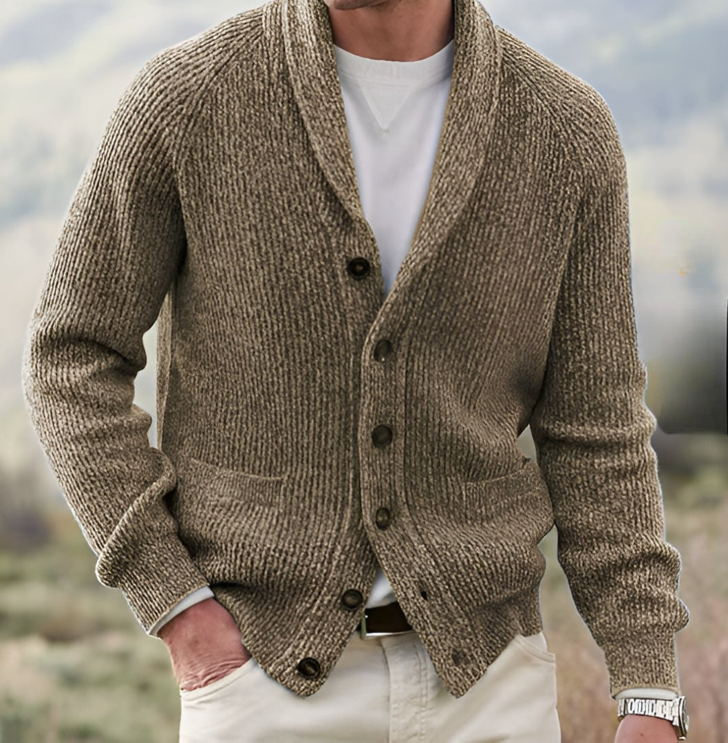 Men's Shawl Collar Cardigan with Button Front and Ribbed Hem - Camel