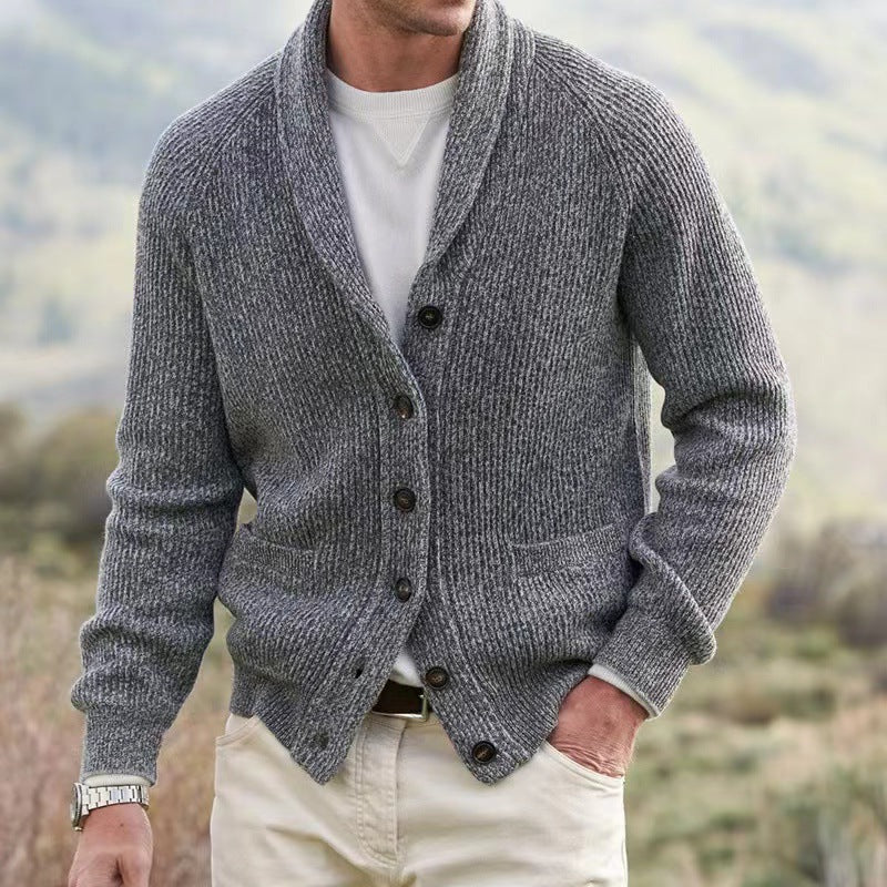 Men's Shawl Collar Cardigan with Button Front and Ribbed Hem - Grey