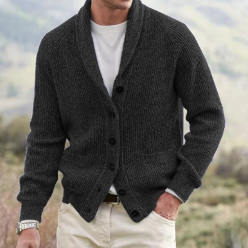 Men's Shawl Collar Cardigan with Button Front and Ribbed Hem - Black