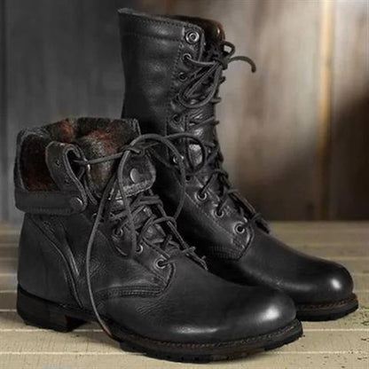 Lace-Up Mid-Calf Boots - Black
