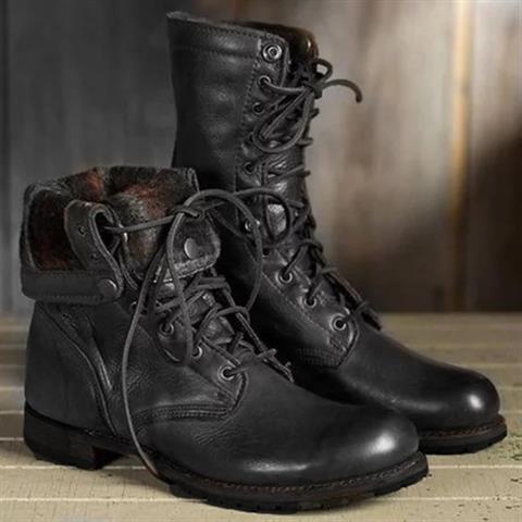 Lace-Up Mid-Calf Boots - Black