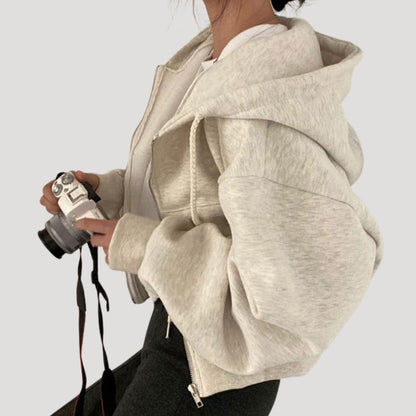 Women's Oversized Cropped Zip-Up Hoodie - Beige