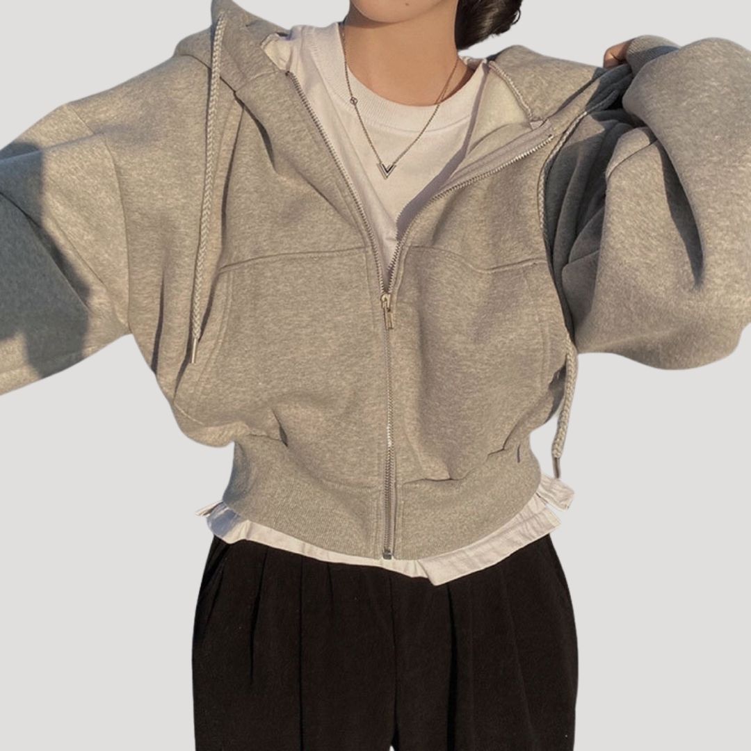 Women's Oversized Cropped Zip-Up Hoodie - Light Grey