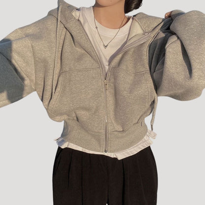 Women's Oversized Cropped Zip-Up Hoodie - Light Grey