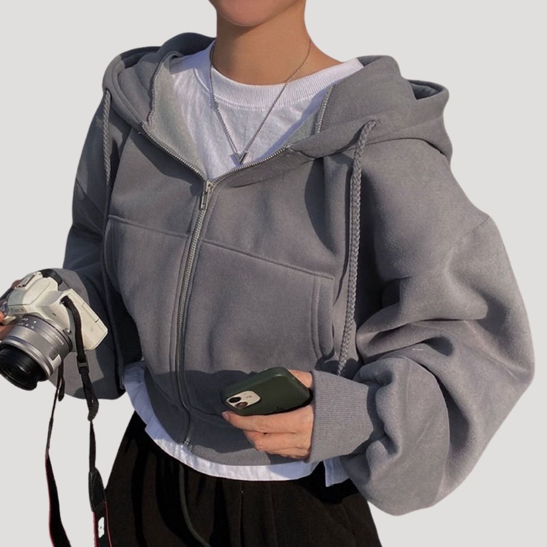 Women's Oversized Cropped Zip-Up Hoodie - Dark Grey