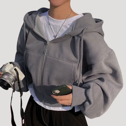 Women's Oversized Cropped Zip-Up Hoodie - Dark Grey