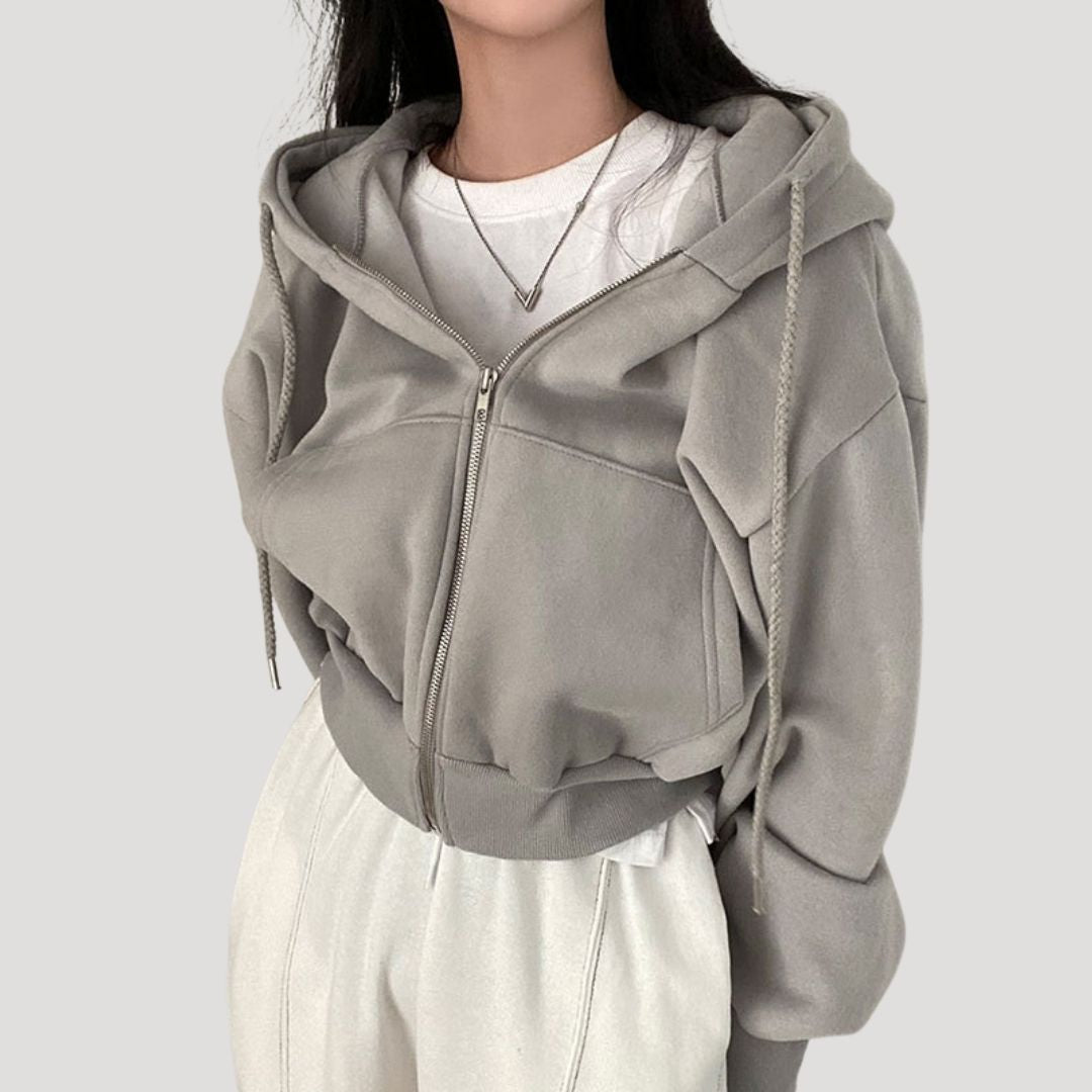 Women's Oversized Cropped Zip-Up Hoodie - Grey