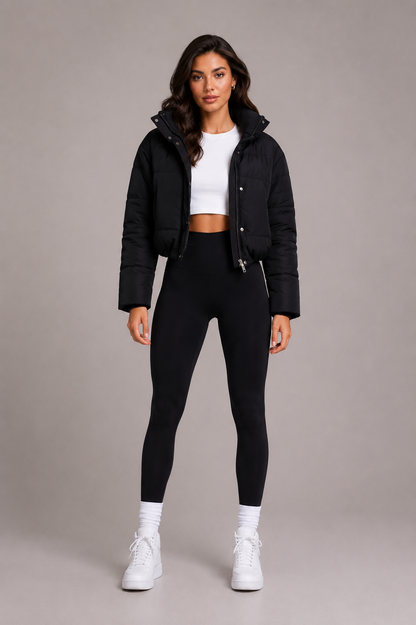 Women's Quilted Puffer Jacket with Cropped Hem and Hood - Black, view 2