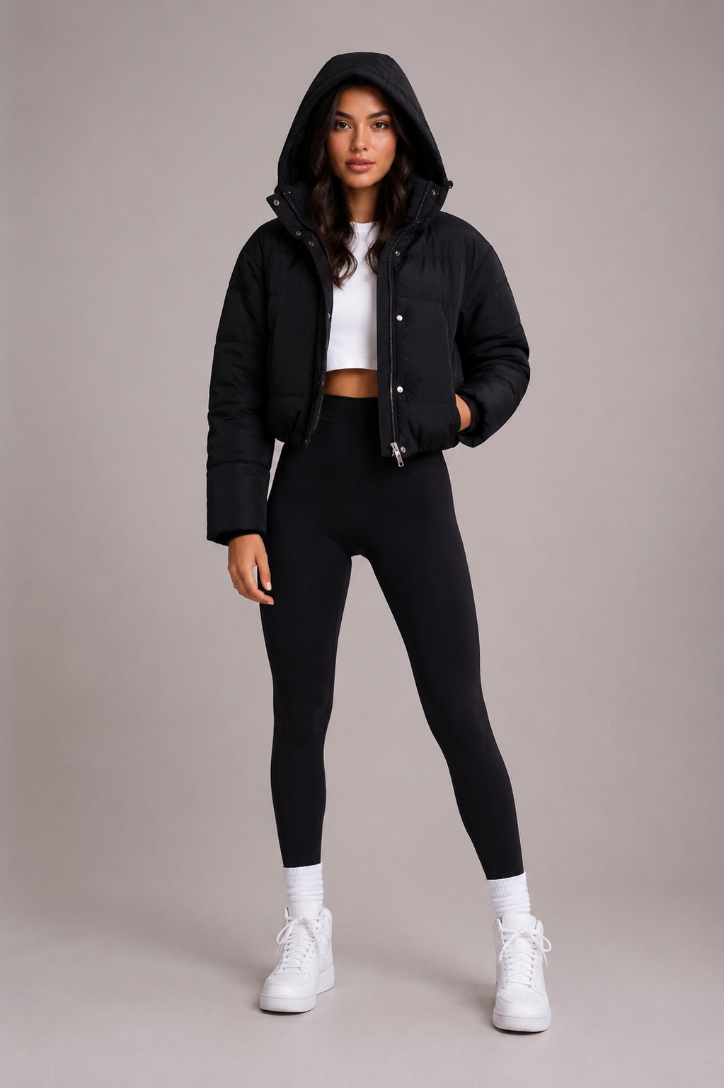 Women's Quilted Puffer Jacket with Cropped Hem and Hood - Black, view 3