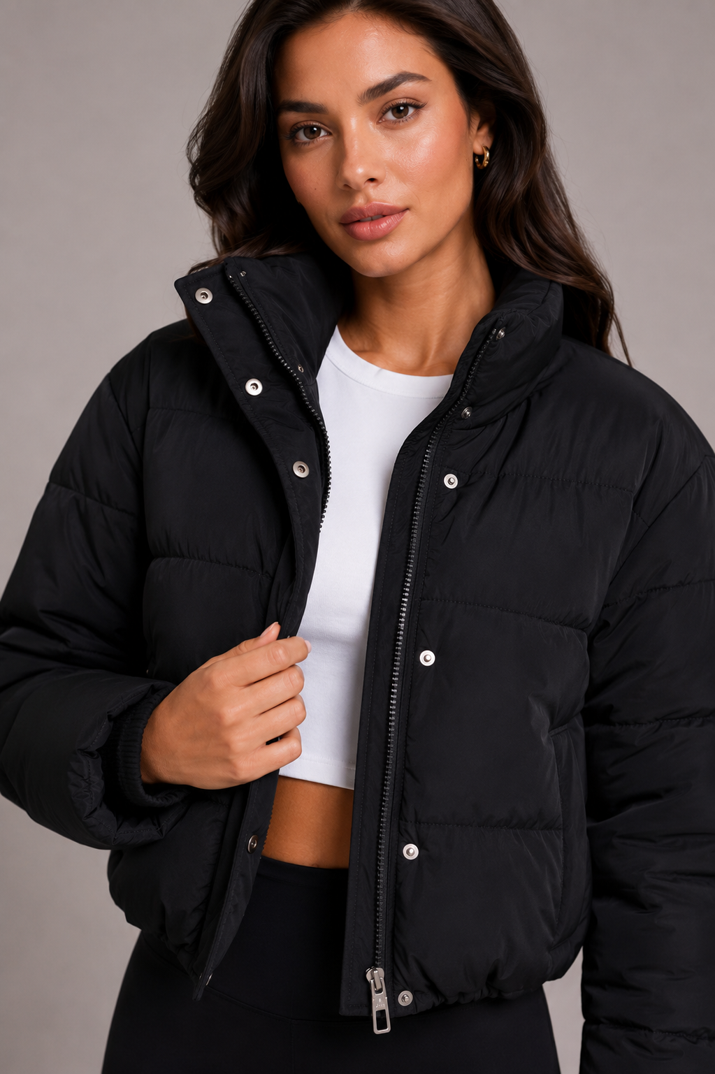 Women's Quilted Puffer Jacket with Cropped Hem and Hood - Black