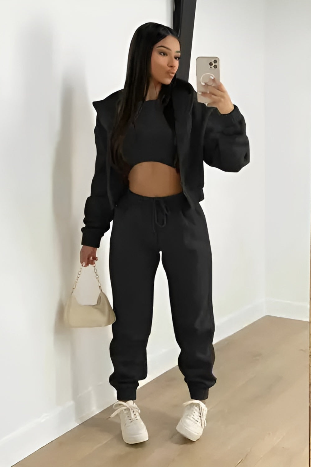 Women's Three-Piece Lounge Set with Cropped Hoodie and Joggers - Black