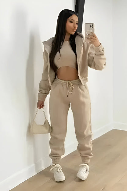 Women's Three-Piece Lounge Set with Cropped Hoodie and Joggers - Beige