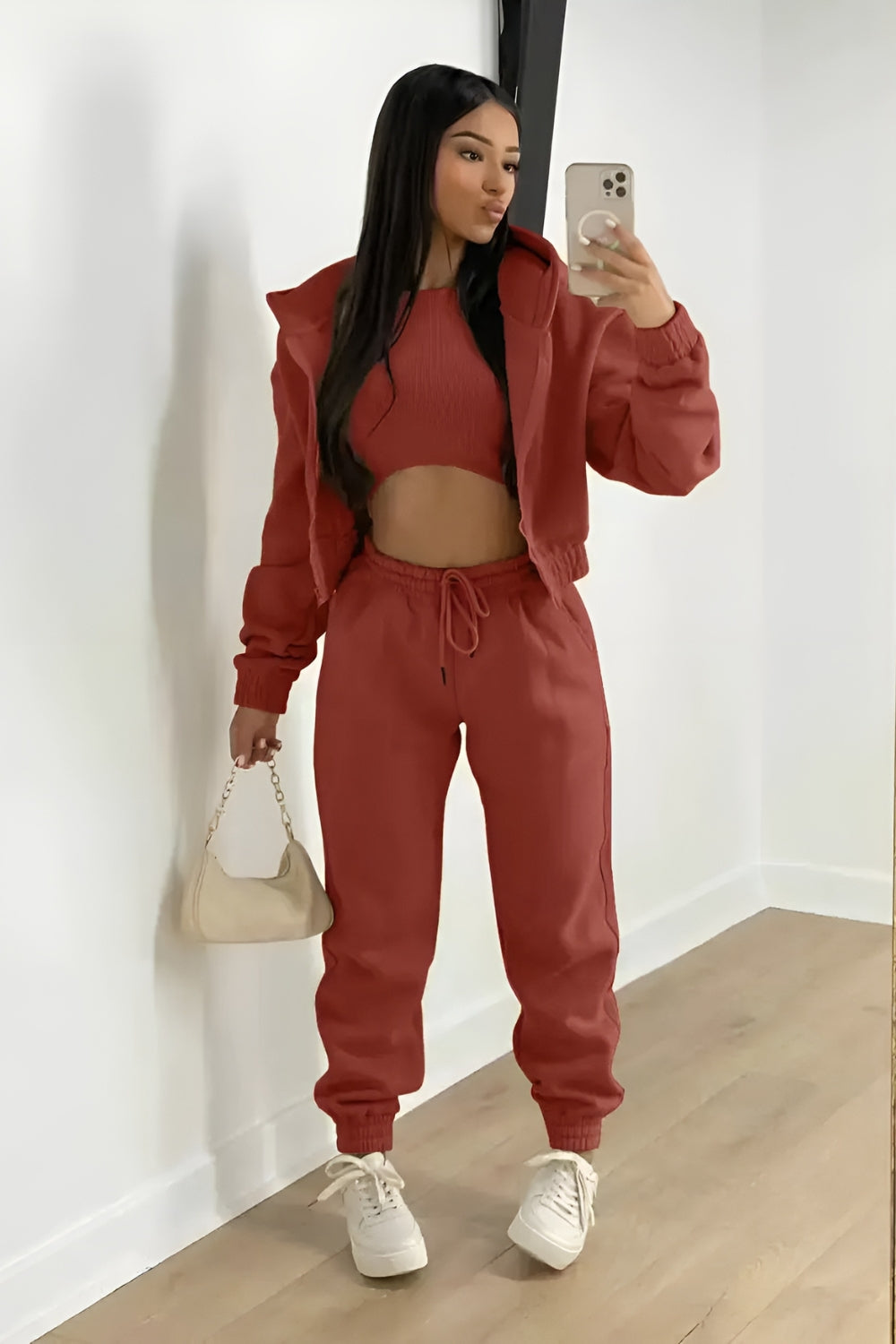 Women's Three-Piece Lounge Set with Cropped Hoodie and Joggers - Red