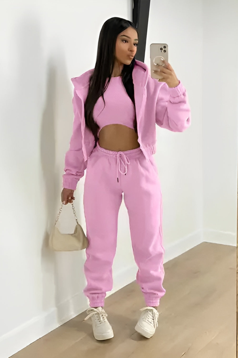 Women's Three-Piece Lounge Set with Cropped Hoodie and Joggers - Pink
