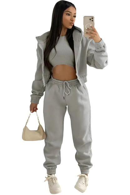 Women's Three-Piece Lounge Set with Cropped Hoodie and Joggers - Grey