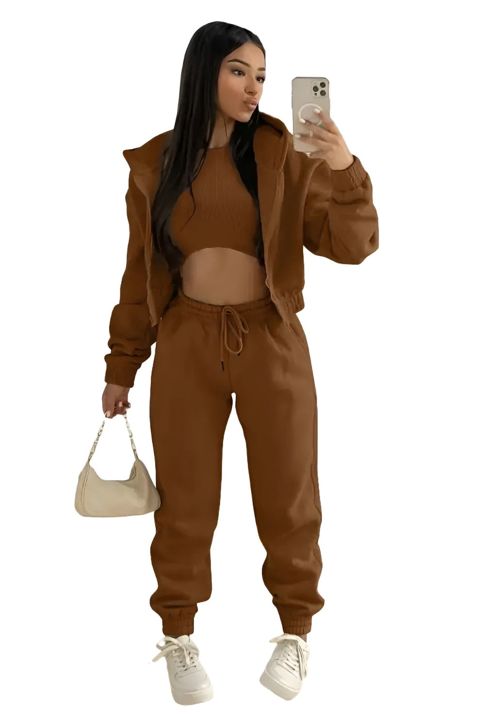 Women's Three-Piece Lounge Set with Cropped Hoodie and Joggers - Dark Brown