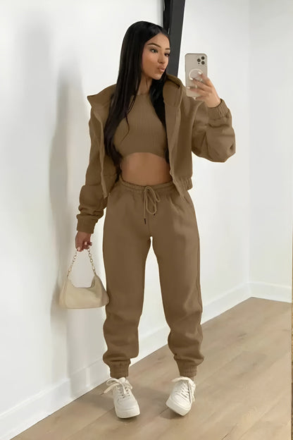 Women's Three-Piece Lounge Set with Cropped Hoodie and Joggers - Brown