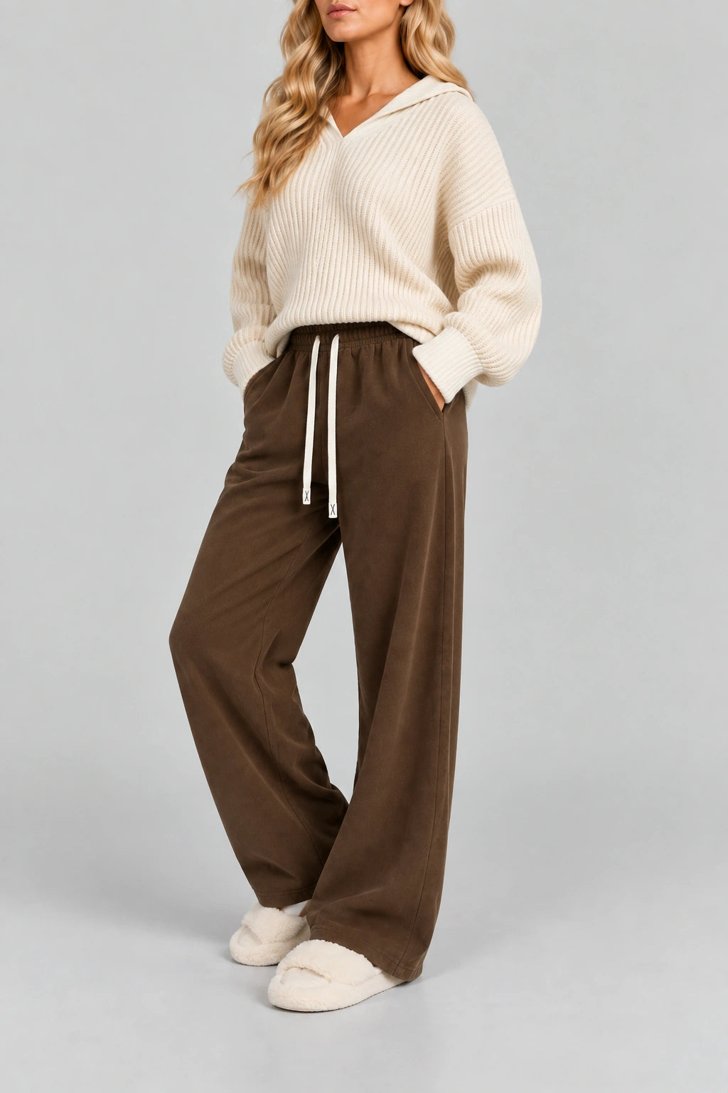 Fleece-Lined Wide-Leg Trousers - Brown
