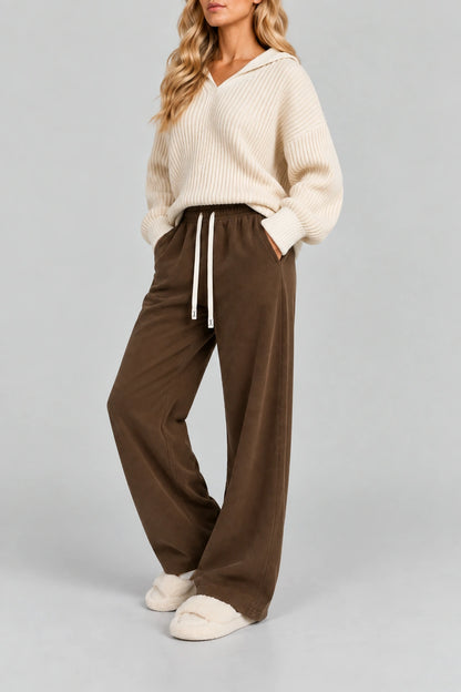 Fleece-Lined Wide-Leg Trousers - Brown