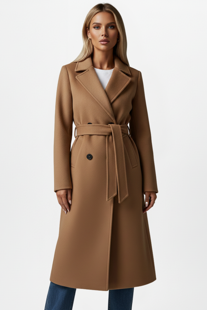 Belted Double-Breasted Long Coat - Camel