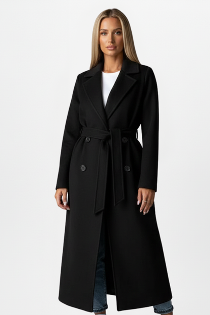 Belted Double-Breasted Long Coat - Black