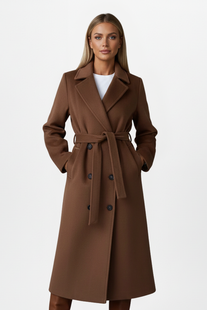 Belted Double-Breasted Long Coat - Brown