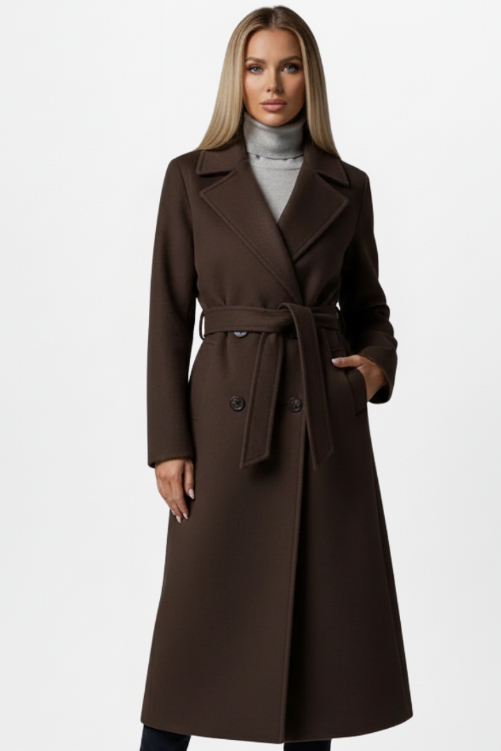 Belted Double-Breasted Long Coat - Chocolate Brown
