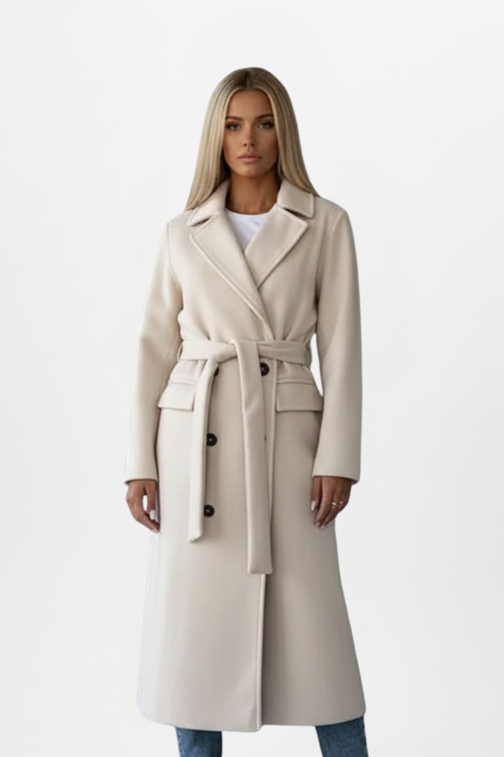 Belted Double-Breasted Long Coat - Cream