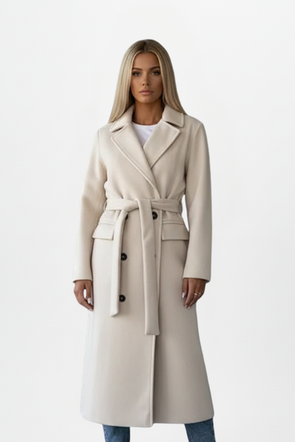 Belted Double-Breasted Long Coat - Cream