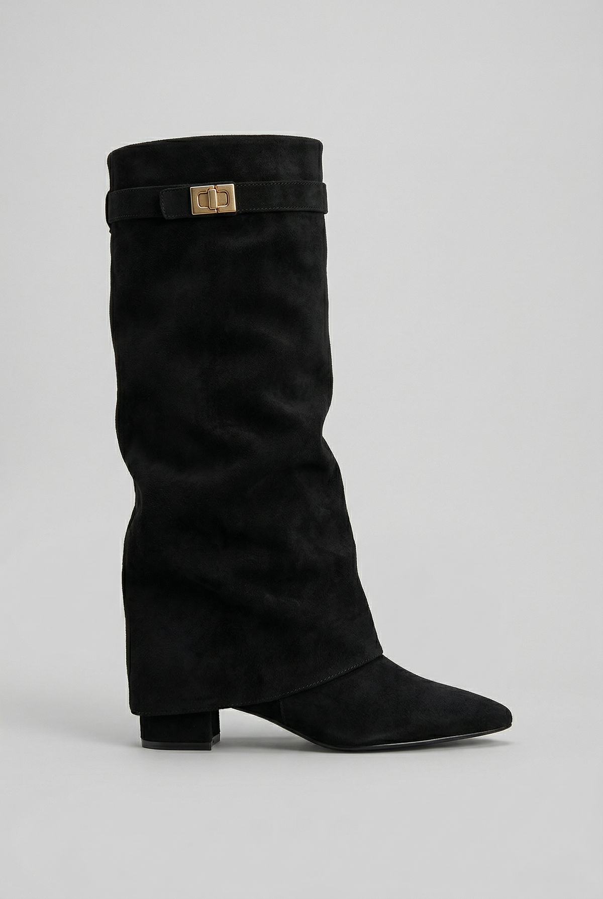 Knee-High Block Heel Boots - Black (Suede)