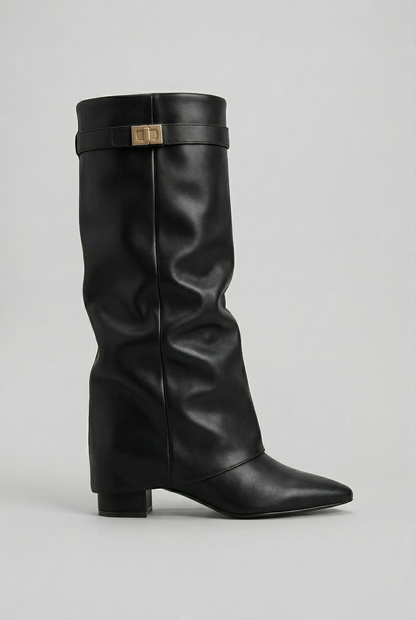 Knee-High Block Heel Boots - Black (Leather)