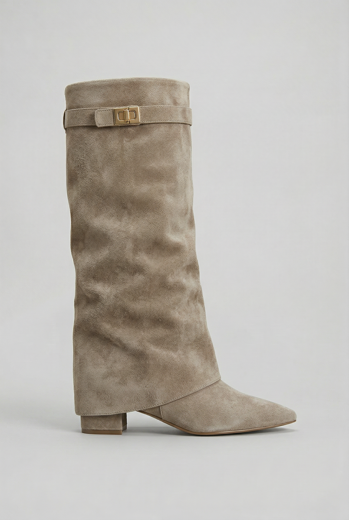 Knee-High Block Heel Boots - Taupe (Suede)