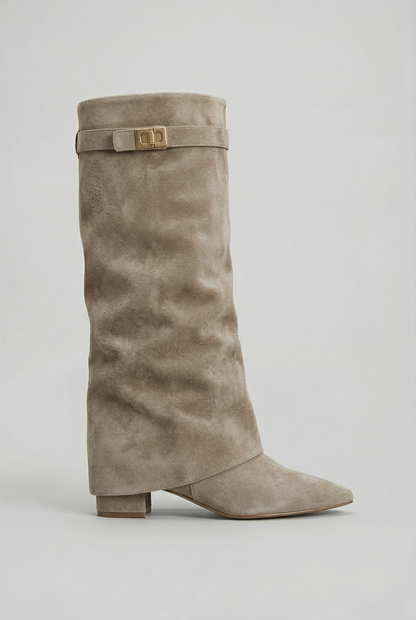 Knee-High Block Heel Boots - Taupe (Suede)