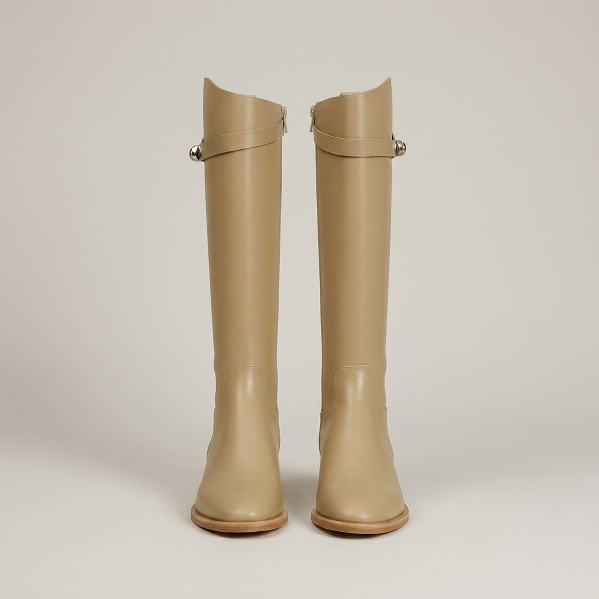 Buckle-Detail Knee-High Boots - Beige