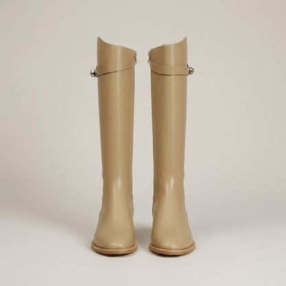 Buckle-Detail Knee-High Boots - Beige