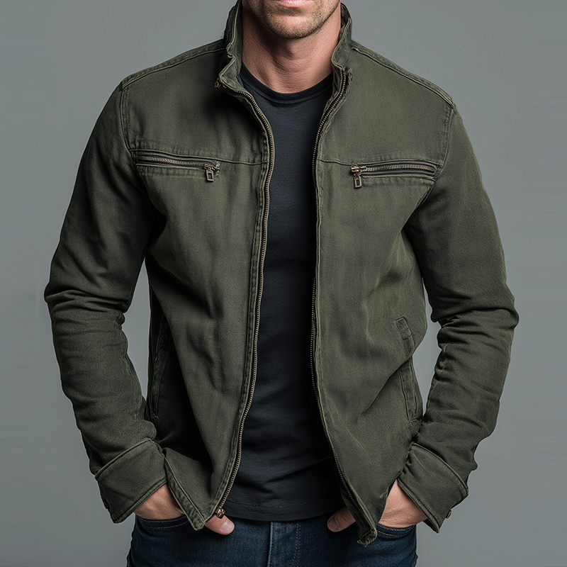 Vintage-Style Stand-Collar Zip Jacket - Army Green