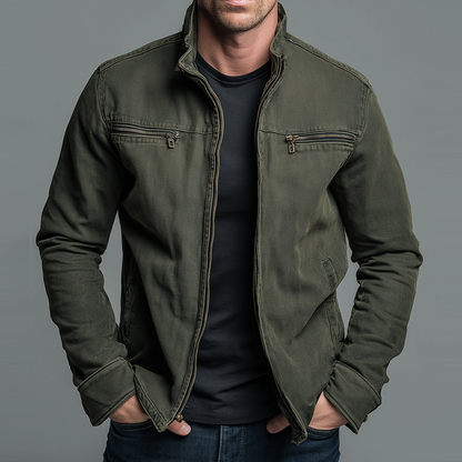 Vintage-Style Stand-Collar Zip Jacket - Army Green