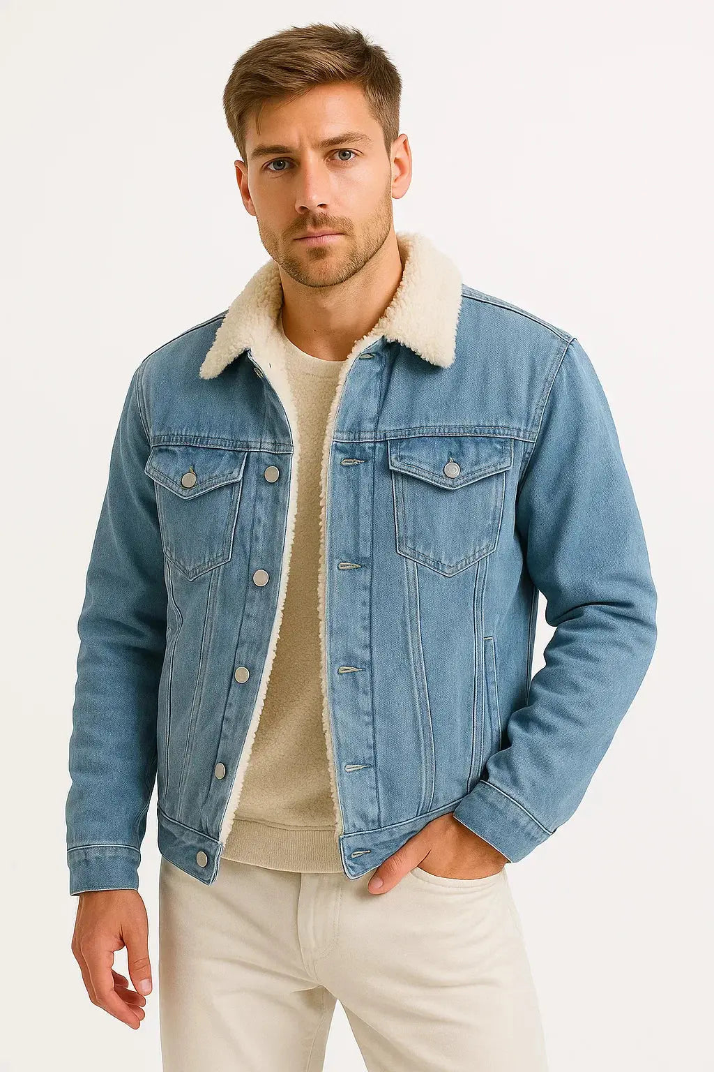 Men's Thickened Denim Fleece Jacket - Light Blue
