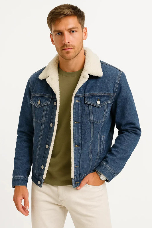 Men's Thickened Denim Fleece Jacket - Dark Blue