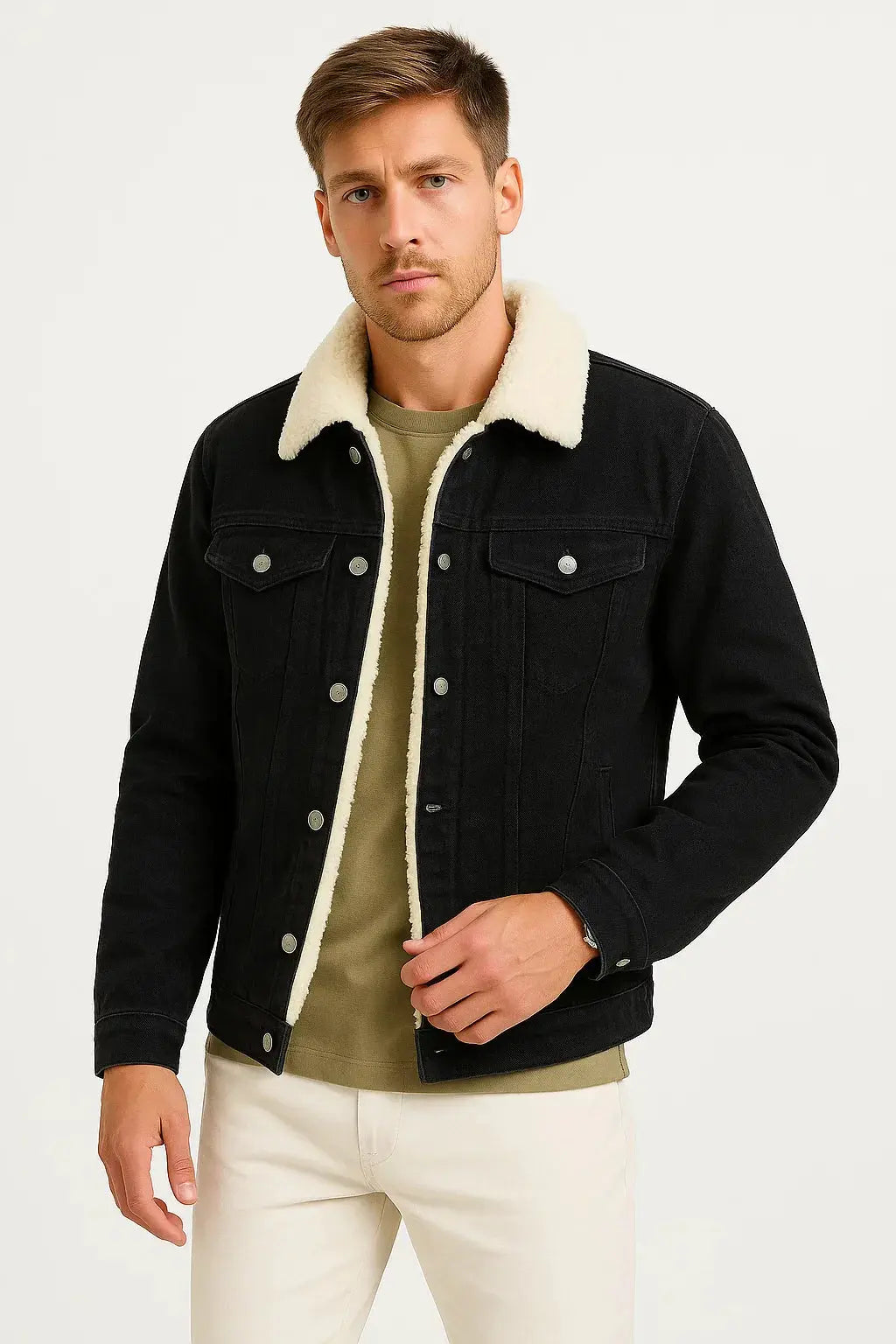 Men's Thickened Denim Fleece Jacket - Black