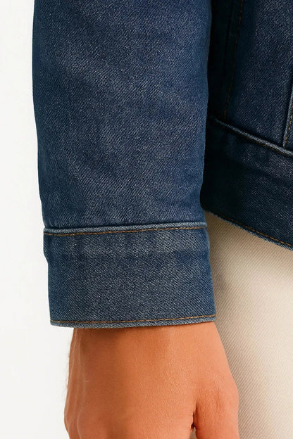 Men's Thickened Denim Fleece Jacket - Dark Blue, view 3