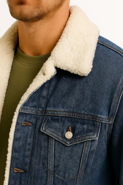 Men's Thickened Denim Fleece Jacket - Dark Blue, view 2