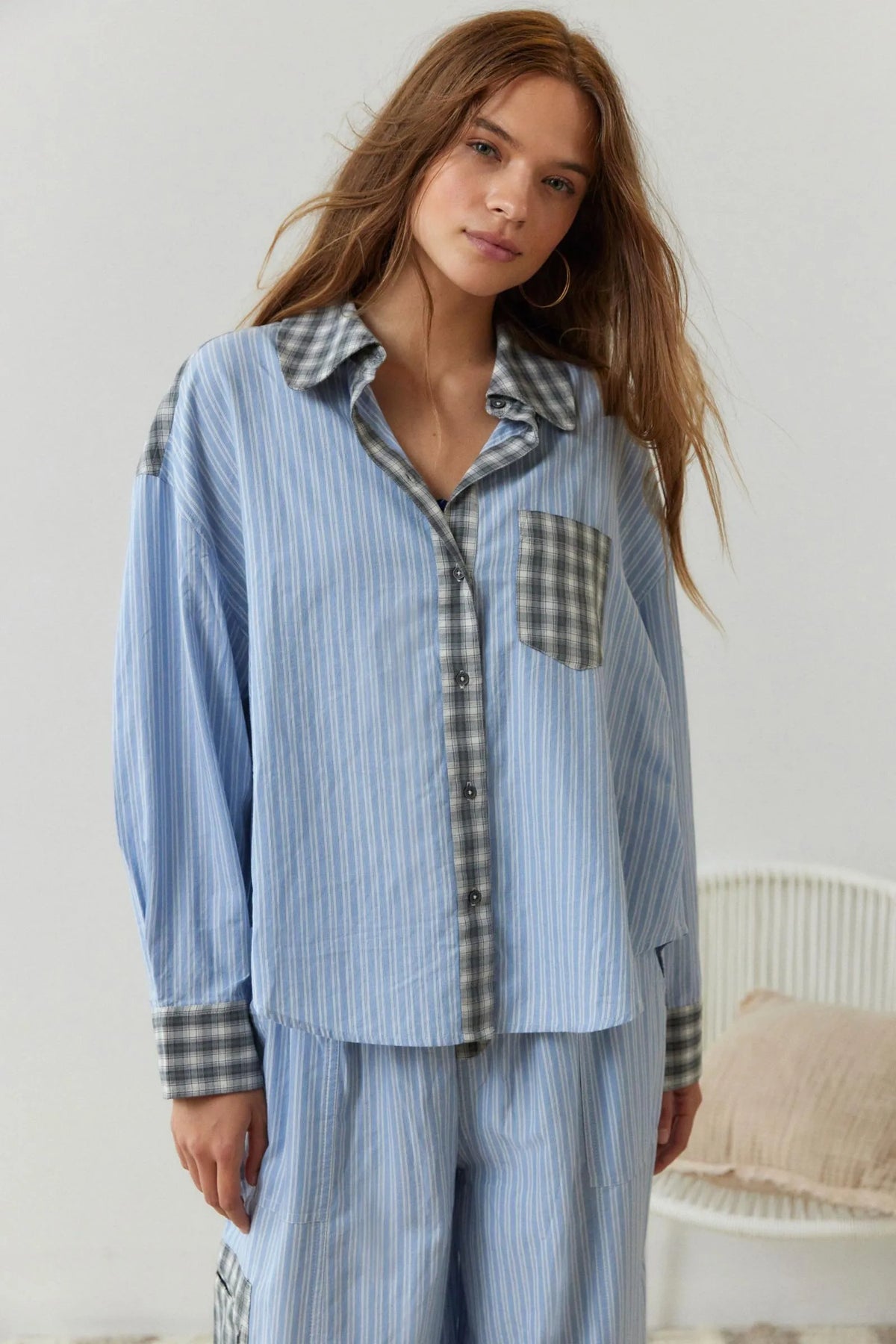 Plaid Button-Up Pajama Set - Blue