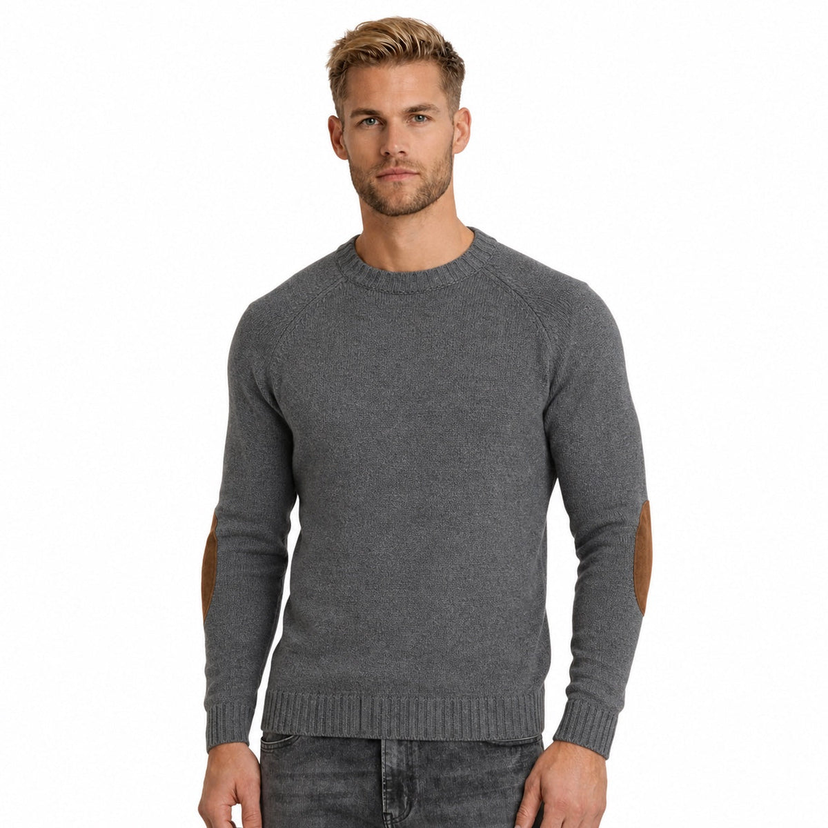 Elbow-Patch Crew-Neck Knit Jumper - Grey