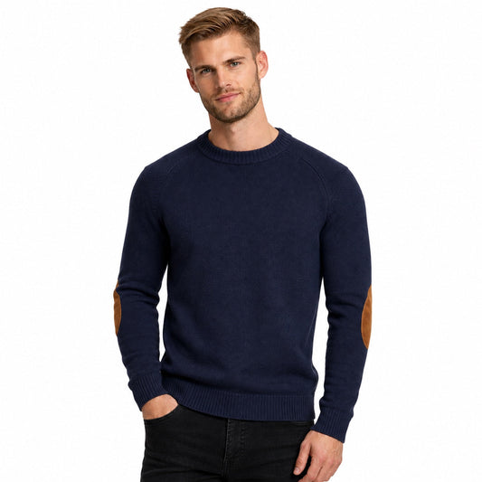 Elbow-Patch Crew-Neck Knit Jumper - Navy Blue