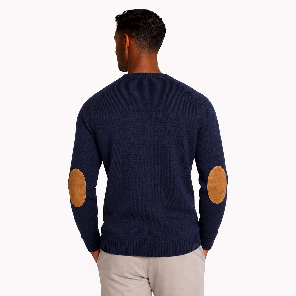 Elbow-Patch Crew-Neck Knit Jumper - Navy Blue, view 2