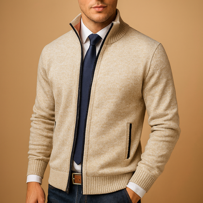 Marled Knit Full-Zip Cardigan with Stand Collar - Beige
