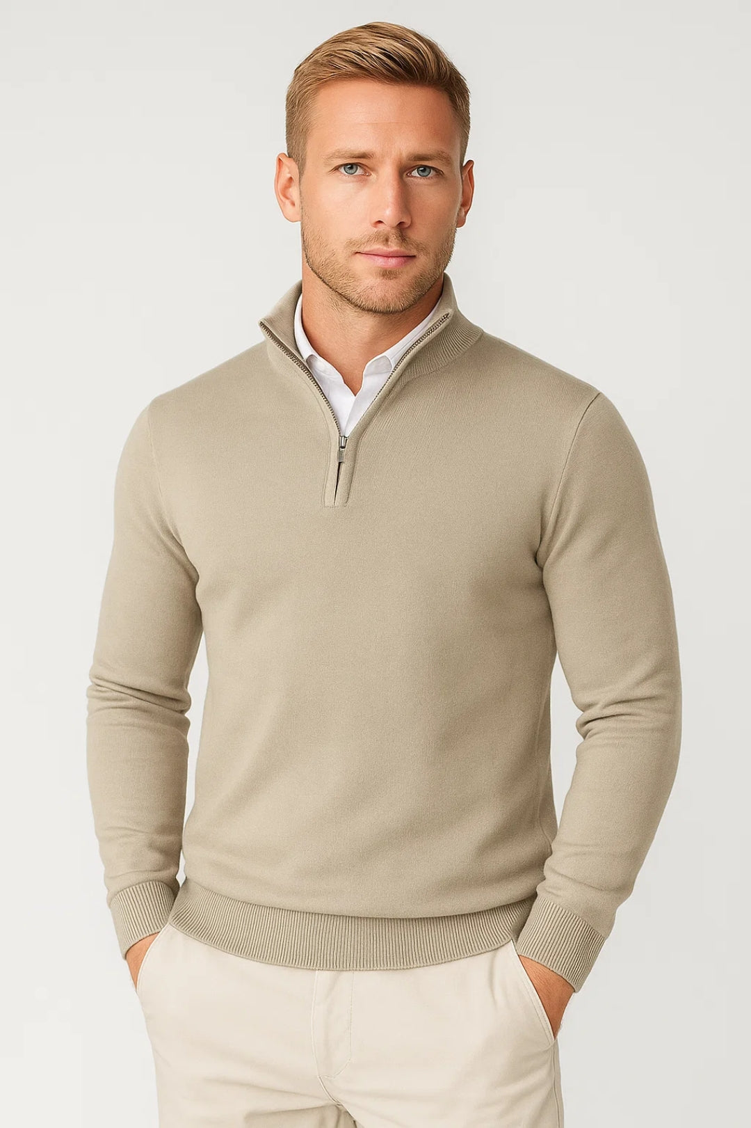 Stylish & Comfortable Quarter-Zip Knit Sweater - Beige